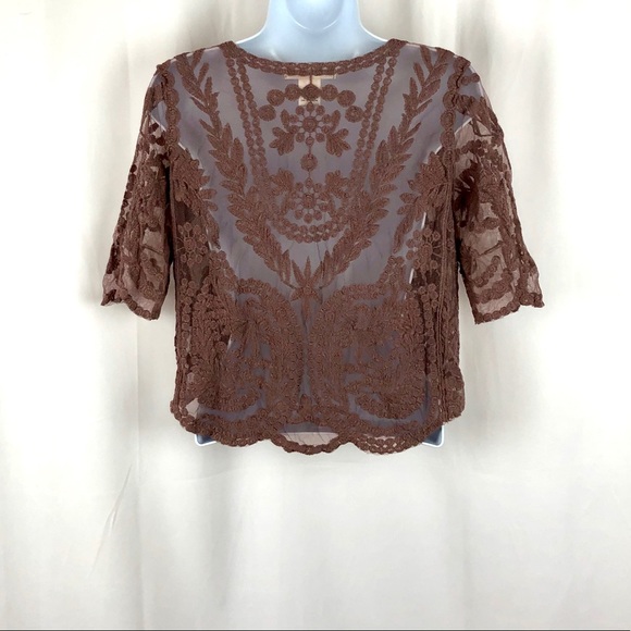 Say What? old rose pink sheer lace top M - Picture 5 of 5